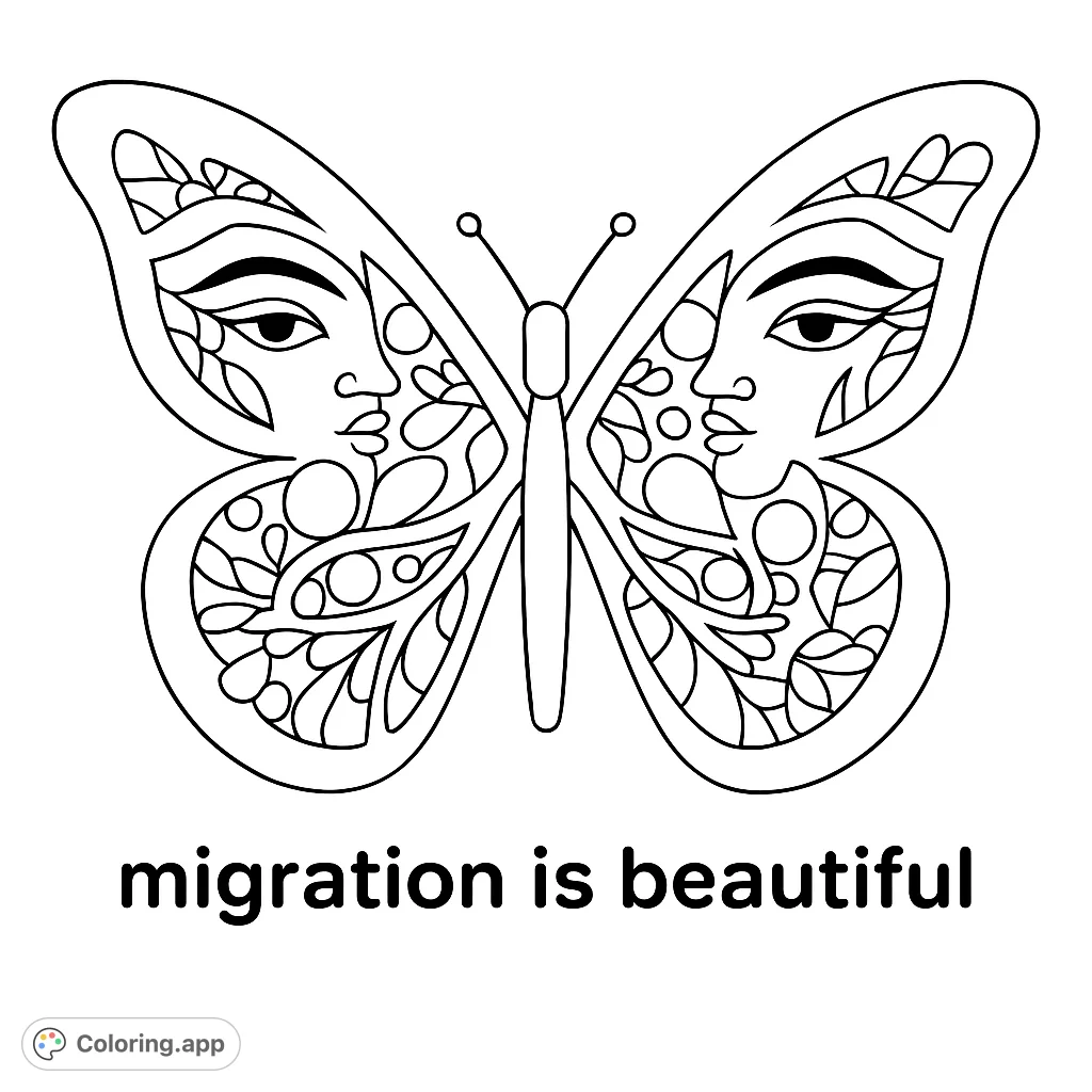 A striking butterfly with abstract human faces and intricate patterns on its wings, set against a radiant background. A symbolic and engaging design.