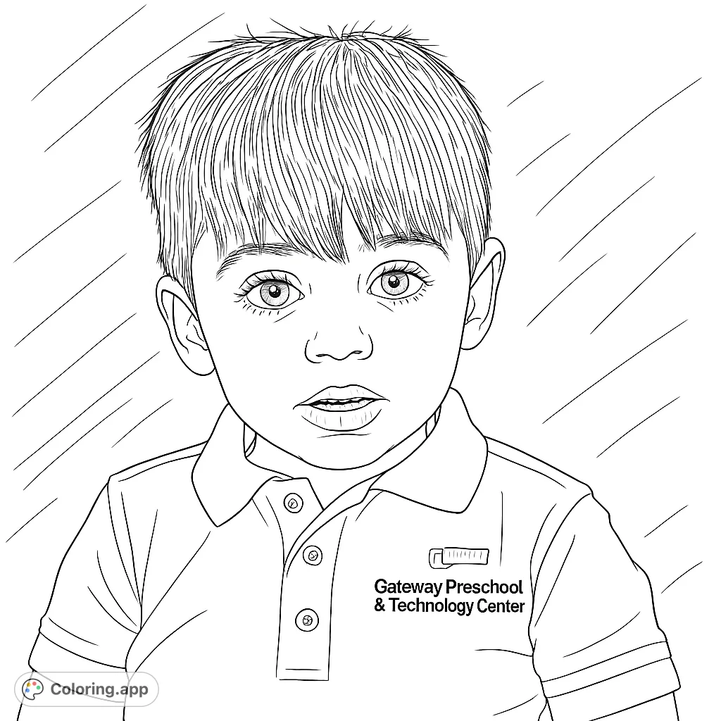 A charming portrait of a young boy in a collared shirt with a school logo, perfect for a delightful and personalized coloring experience.