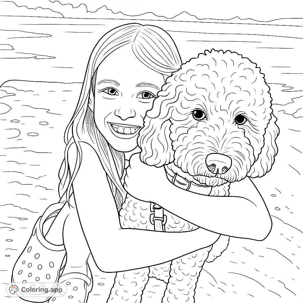 A heartwarming scene of a child embracing a fluffy dog outdoors, perfect for animal lovers and those who cherish friendship.