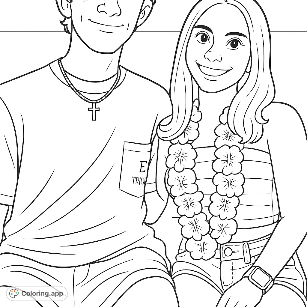 A cheerful young couple, one wearing a floral lei, smiles brightly. Perfect for a relaxing coloring session, capturing a moment of joy and connection.
