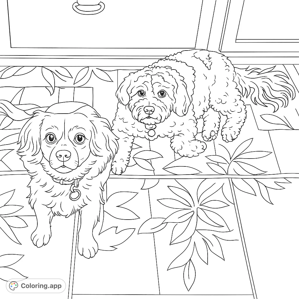 An adorable dog coloring page featuring two friendly pups on a patterned rug, perfect for pet lovers and a free printable coloring page.