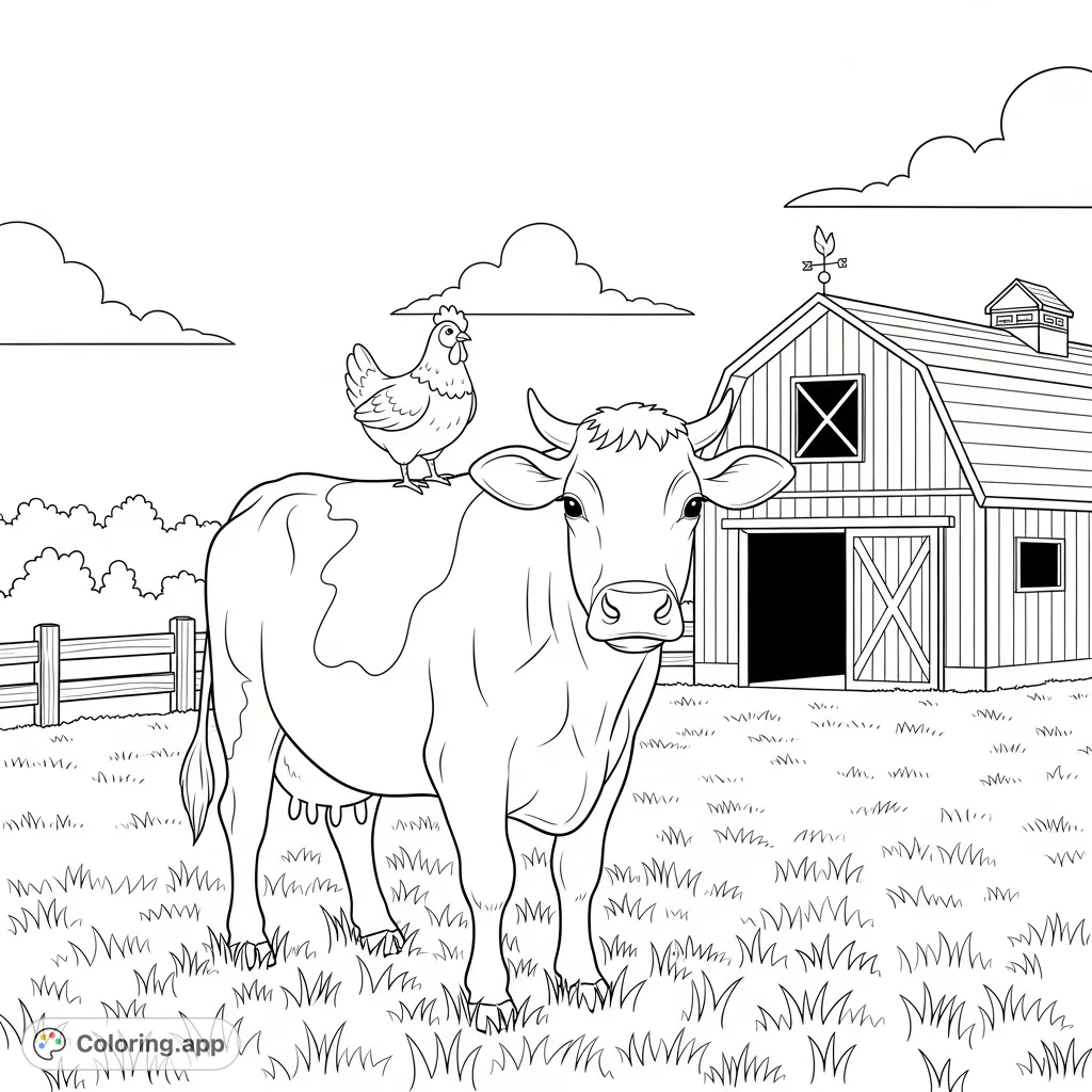 A delightful farm animal coloring page featuring a friendly cow with a chicken on its back, set against a charming barn and grassy field.