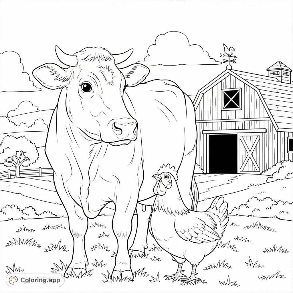 A charming farm scene featuring a friendly cow and its curious chicken companion in a grassy field with a rustic barn. Perfect for a relaxing farm animals coloring page.
