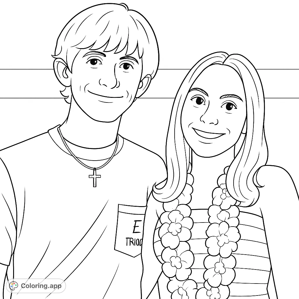 Capture the joy of friendship or a special bond with this charming coloring page featuring a smiling duo, one adorned with a festive lei. Perfect for all ages!