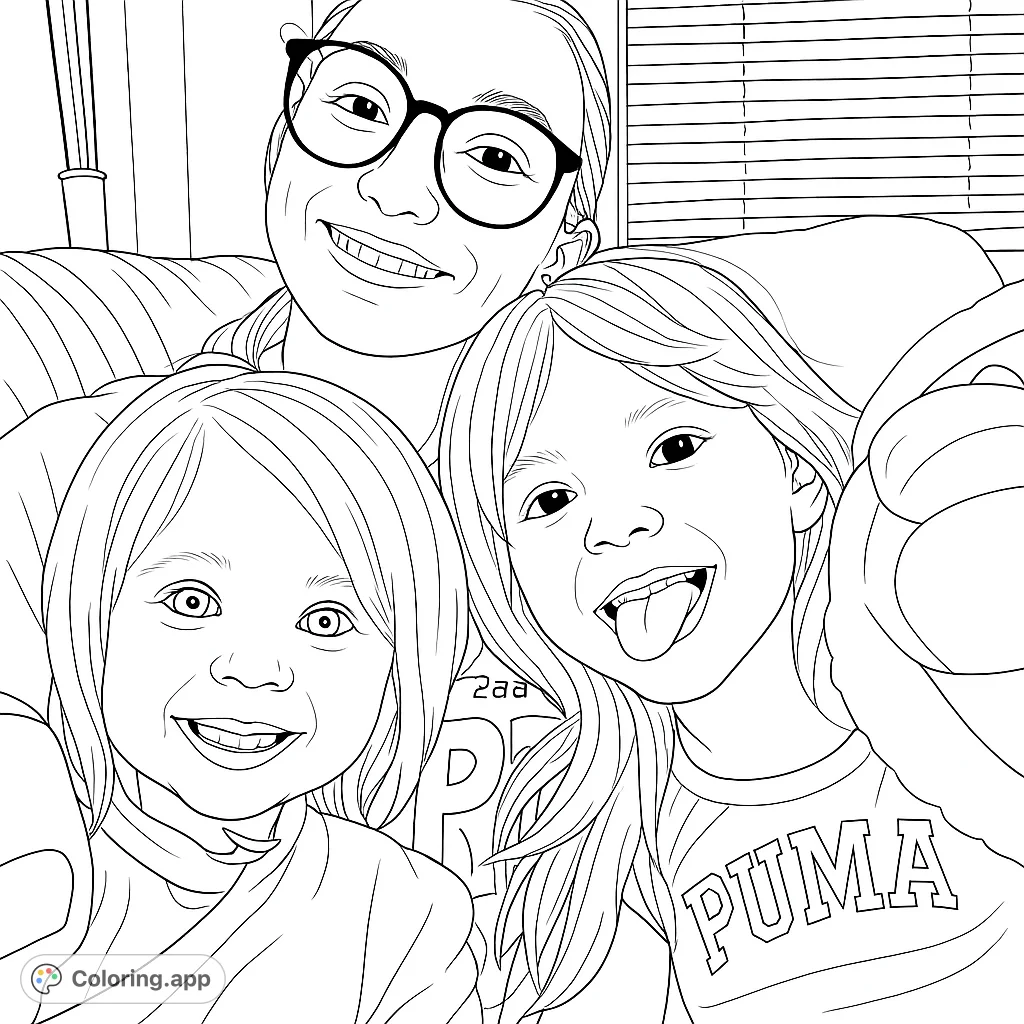 Capture the joy of three smiling faces in this delightful group portrait. Perfect for family fun, this free printable coloring page features an older girl and two younger children.