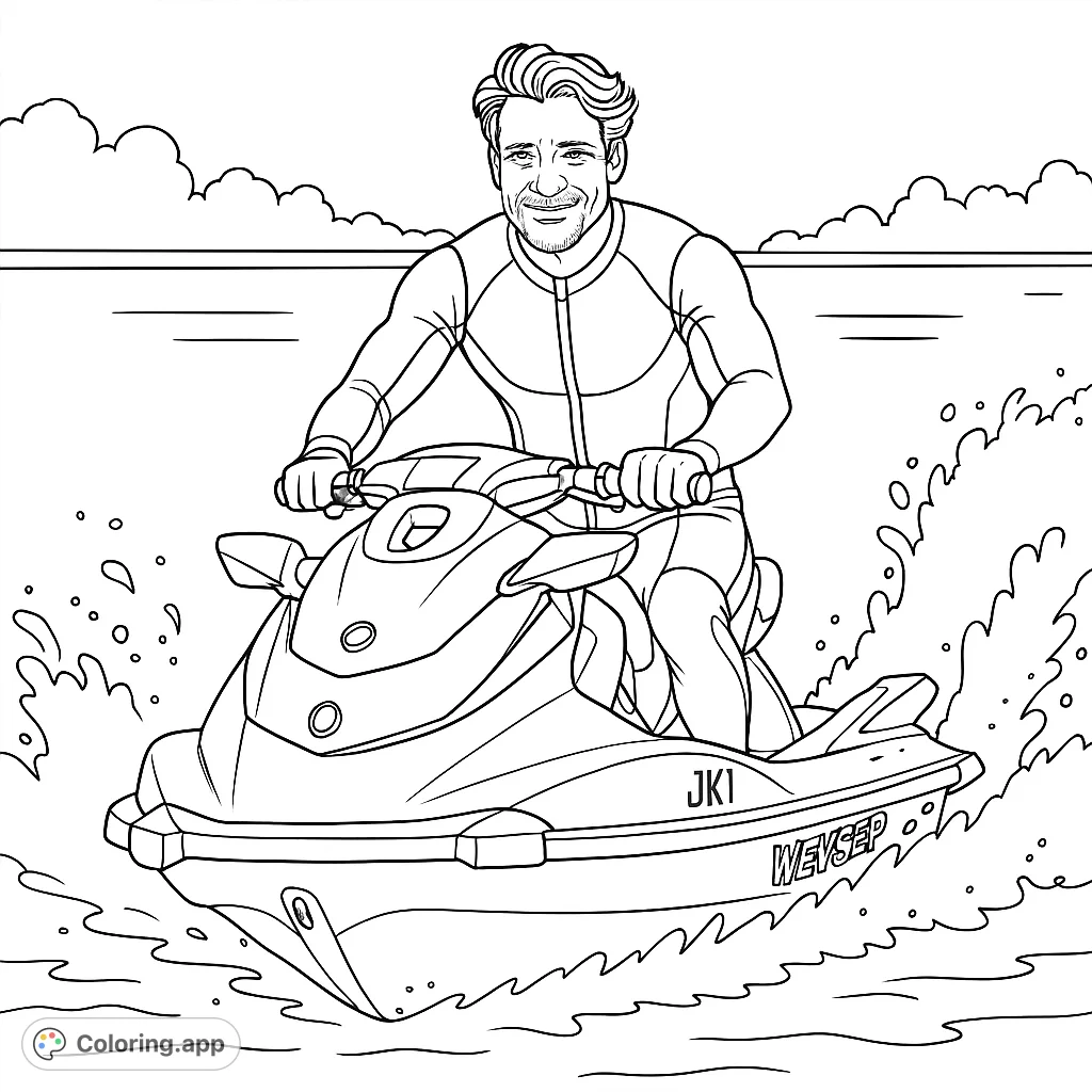 A dynamic jet ski coloring page featuring a man on a personal watercraft, creating a splash. Perfect for water sports enthusiasts and adventure seekers.