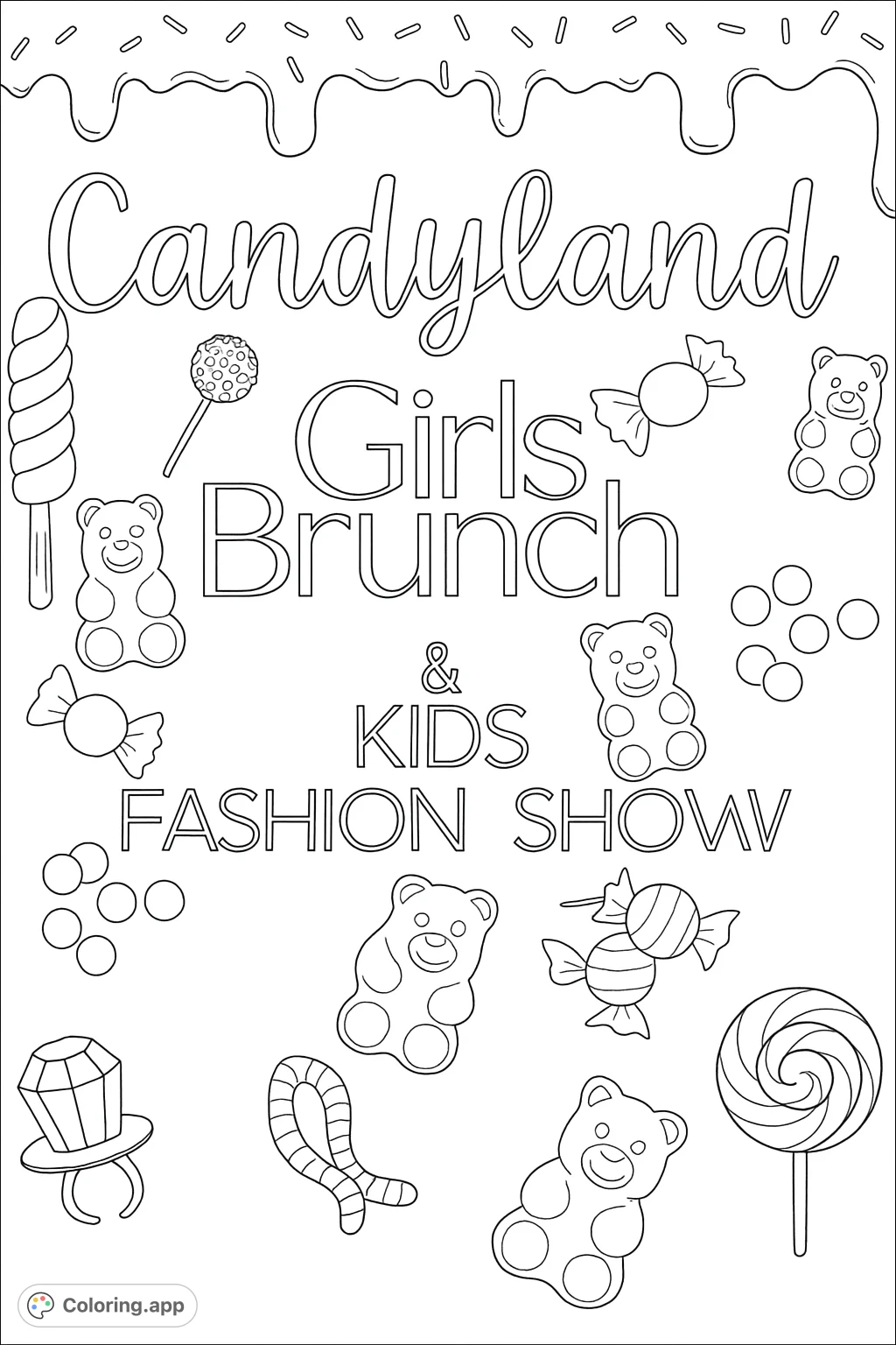 Dive into a world of delicious fun with this Candyland coloring page! Featuring gummy bears, lollipops, and more sweet treats for endless creative joy.