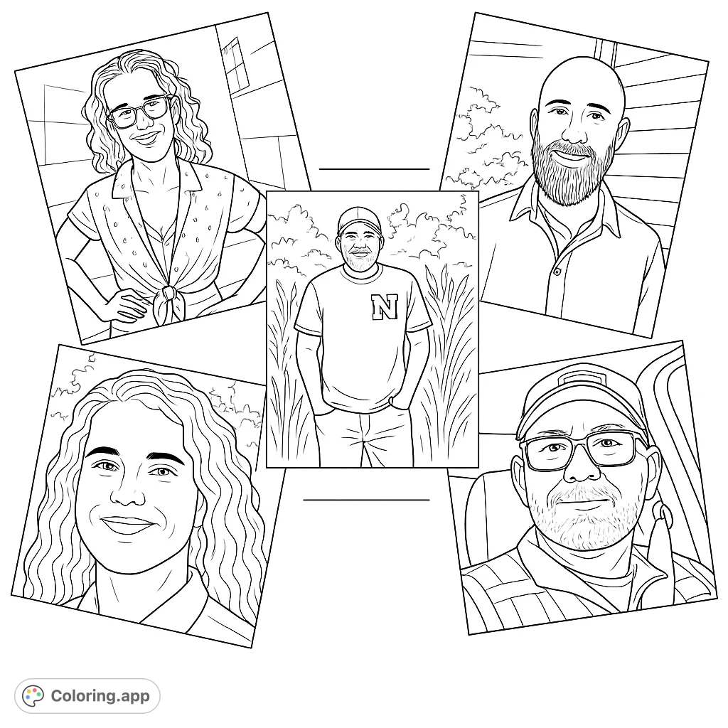 A unique collage featuring five distinct portraits of individuals, perfect for personalizing with your favorite hues and exploring diverse human forms.