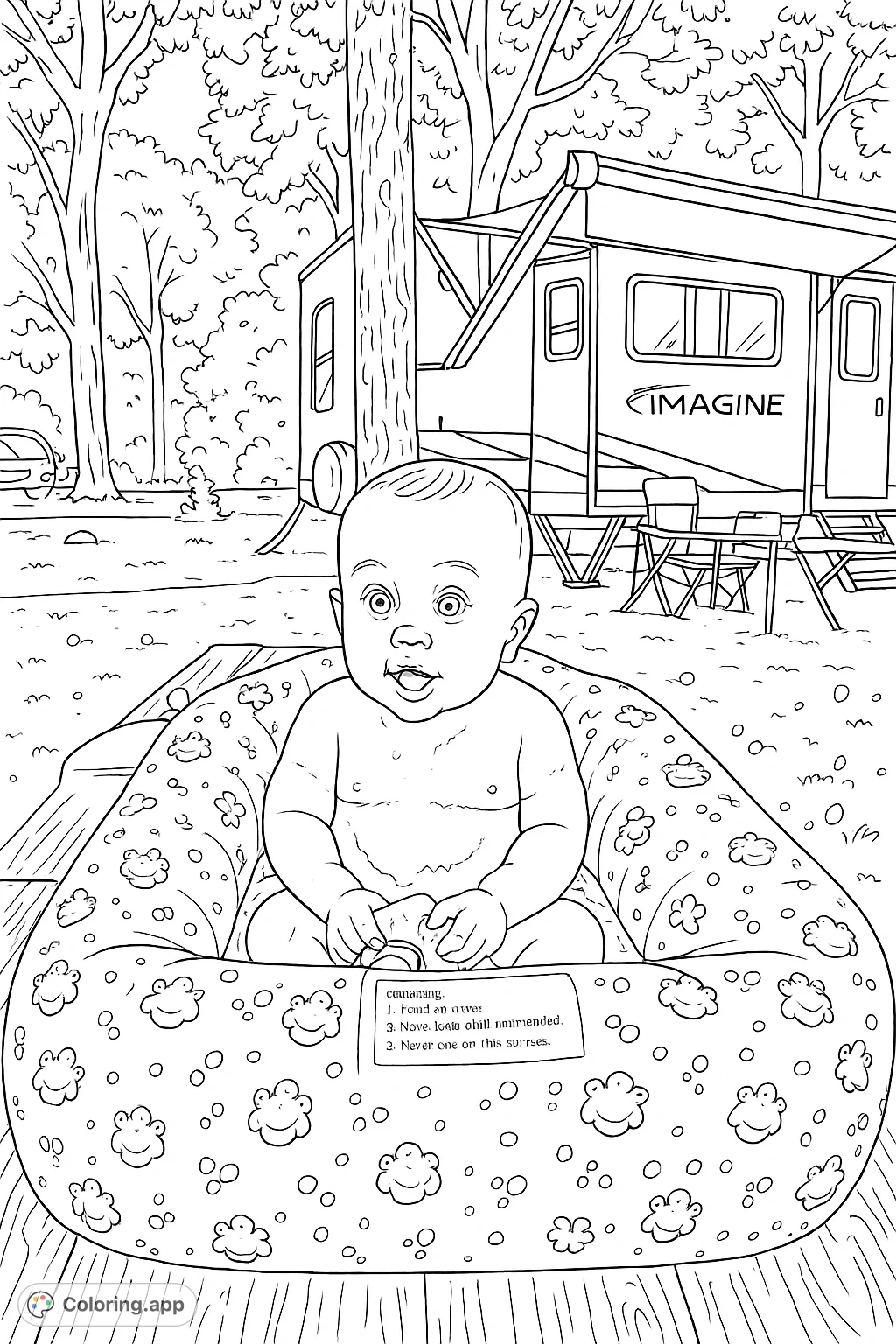A delightful baby enjoys a bubbly bath in an inflatable tub at a serene campsite. Perfect for a relaxing coloring experience.