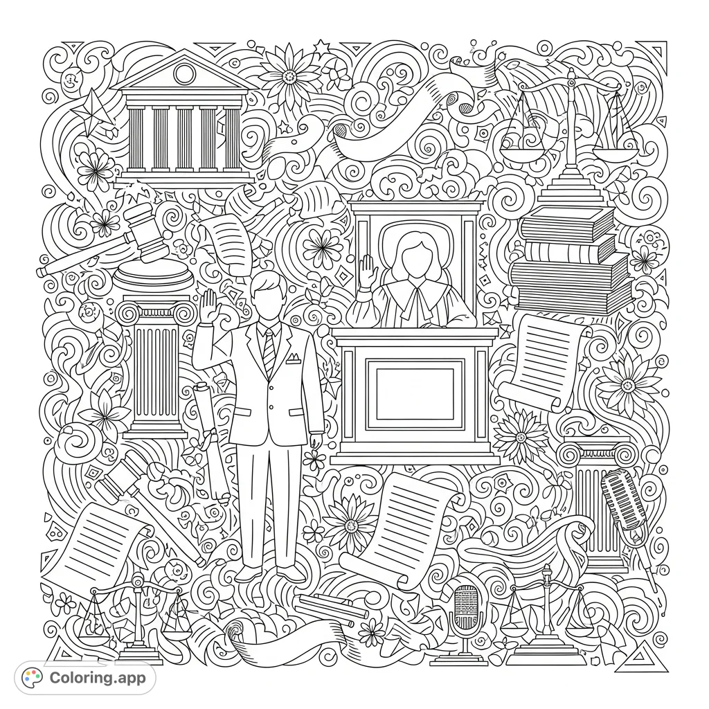 An intricate courtroom coloring page featuring an attorney swearing in before a judge, surrounded by dense, detailed doodles of legal symbols and decorative patterns.