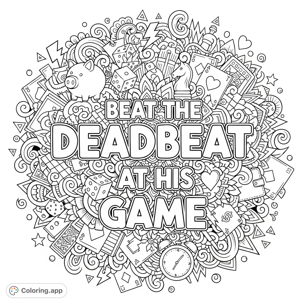 An intricate adult coloring page featuring the bold phrase "Beat the Deadbeat at His Game" surrounded by a dense doodle of game pieces, financial woes, and whimsical patterns.