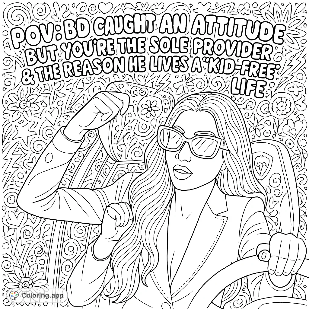 Empowering adult coloring page featuring a confident woman in a car, striking a sassy pose. Intricate doodle background adds a whimsical, stress-relieving touch.