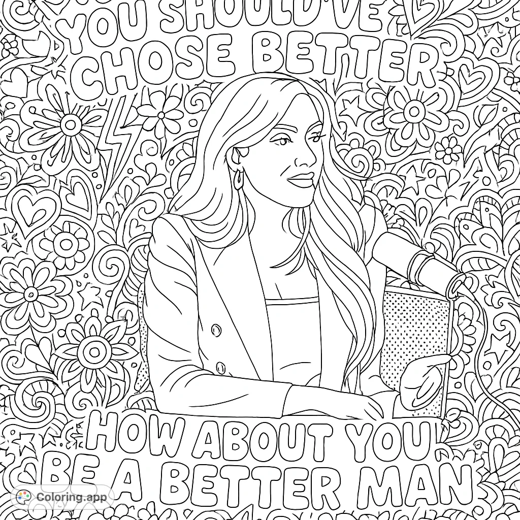 A sassy, empowering coloring page featuring a confident woman at a microphone, surrounded by intricate doodles and bold text, perfect for adult colorists.