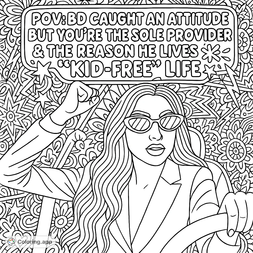 An empowering woman in a car, sunglasses on, fist raised, surrounded by intricate doodles and a cheeky message. Perfect for adult coloring book fans.