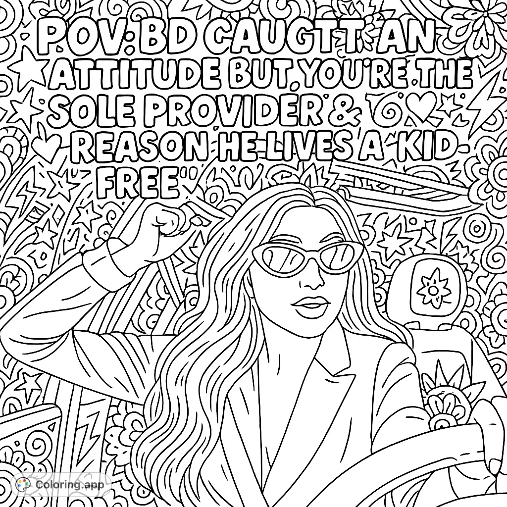An empowering coloring page featuring a woman in a car, exuding confidence with a raised fist. Intricate doodles surround a cheeky message for a stress-relieving experience.