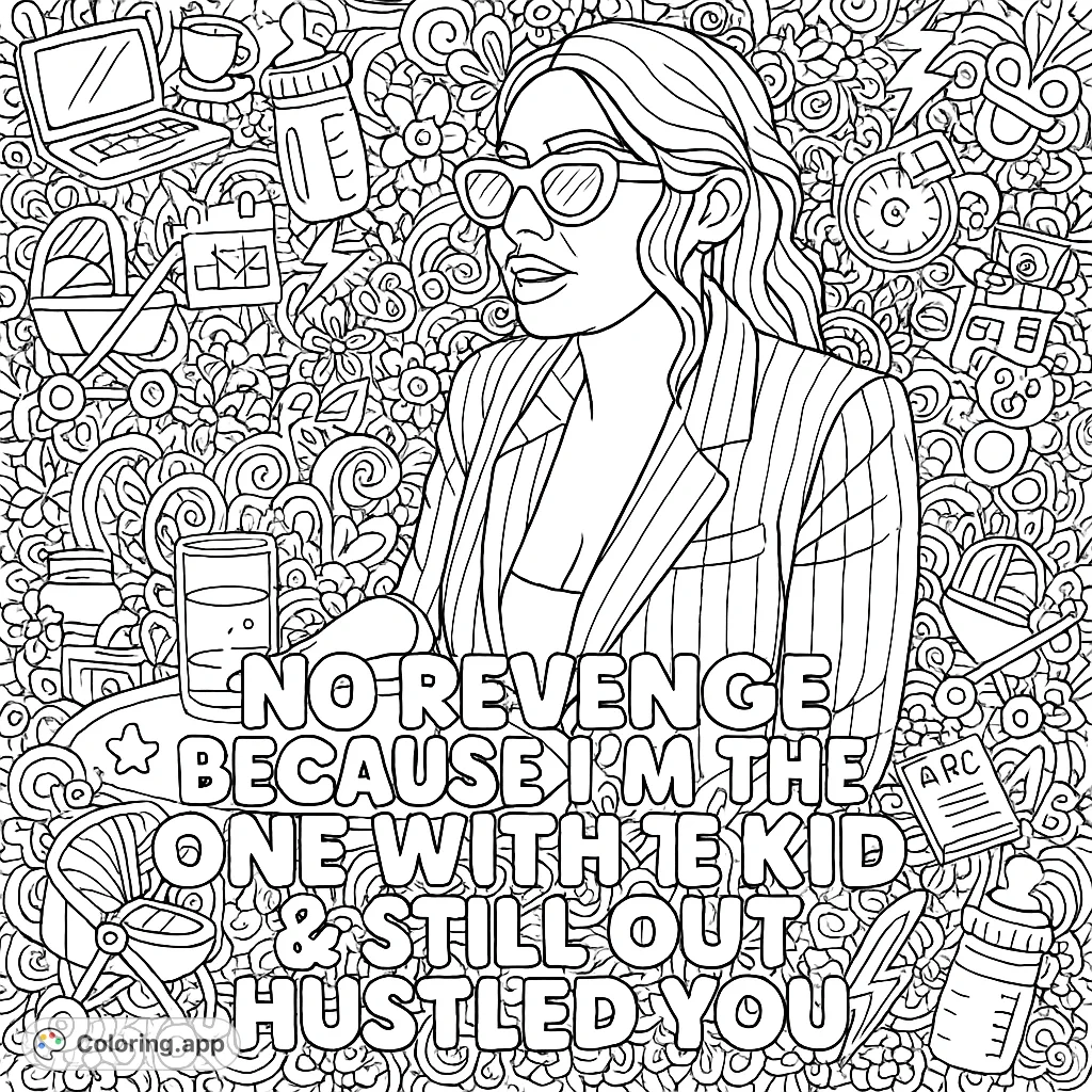 An empowering coloring page featuring a woman in sunglasses and a blazer, surrounded by intricate doodles of motherhood and hustle, with a bold motivational quote.