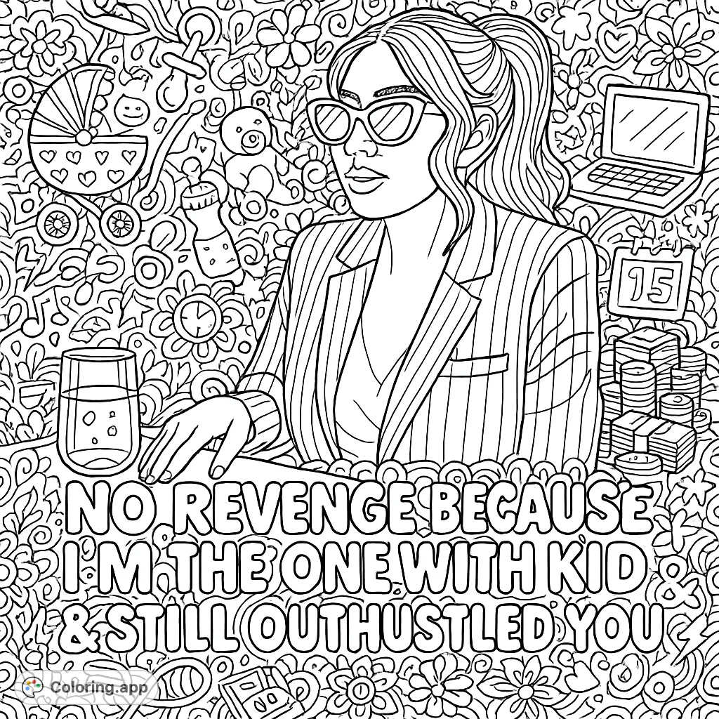 An empowering coloring page featuring a woman in sunglasses and a blazer, surrounded by intricate doodles of motherhood and hustle, with a bold motivational quote.
