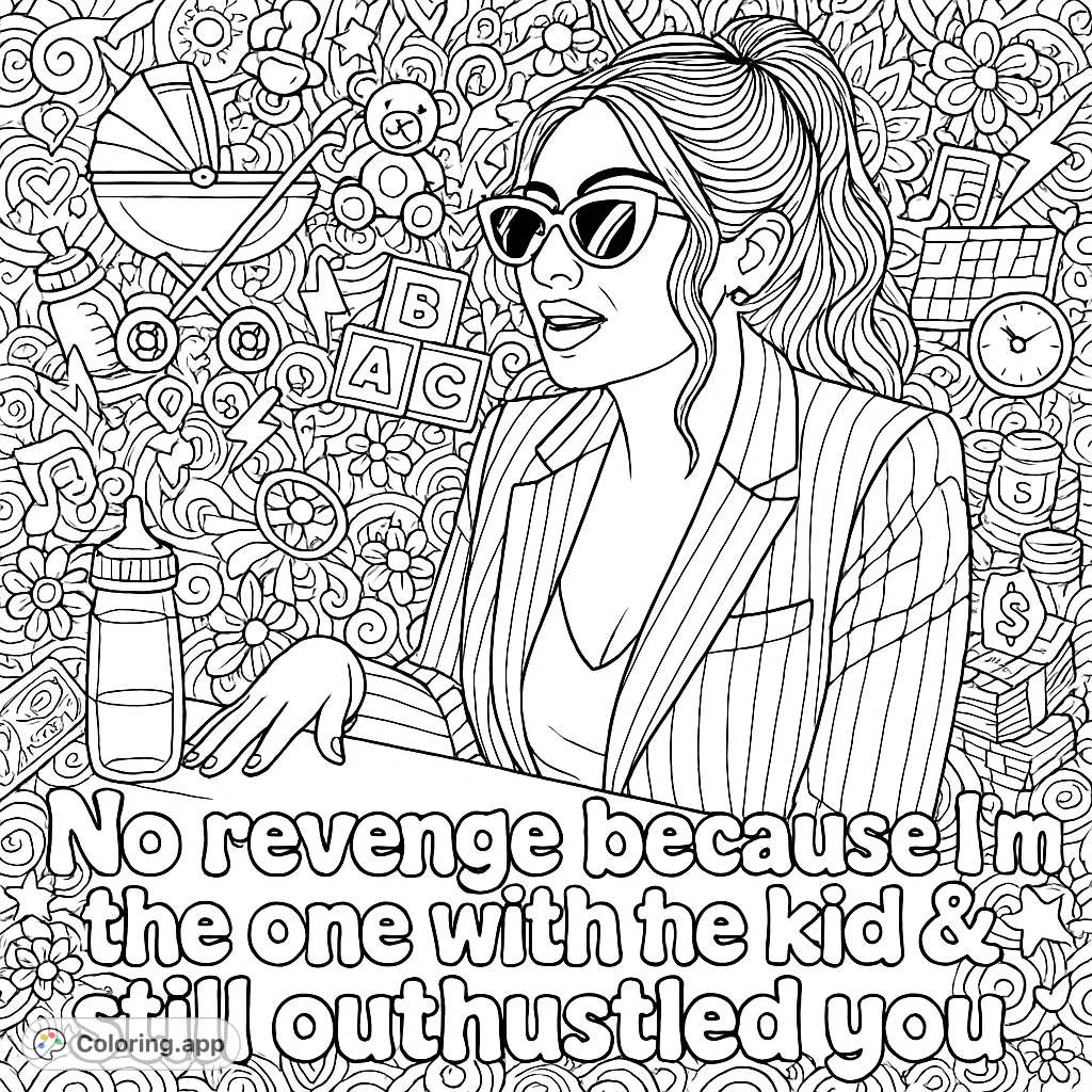 An empowering coloring page featuring a woman in sunglasses and a blazer, surrounded by intricate doodles of motherhood and hustle, with a bold motivational quote.