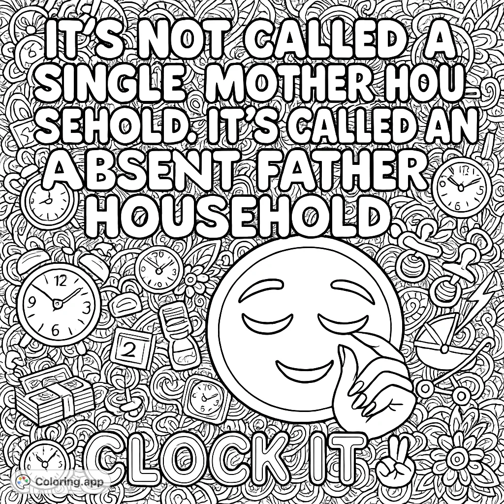 An empowering adult coloring page featuring a powerful message, a smug emoji, and 'CLOCK IT' surrounded by intricate doodles of clocks, toys, and uplifting symbols.