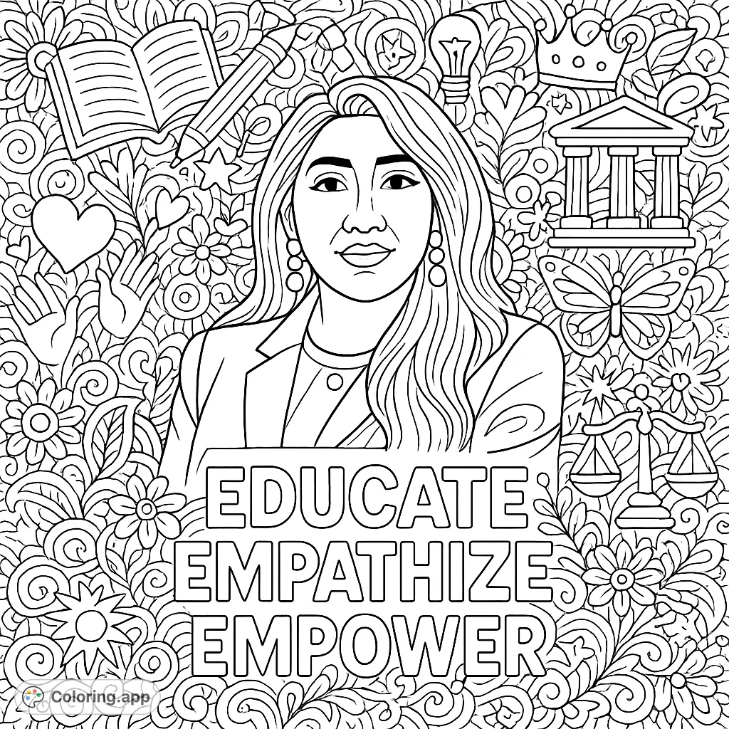 An intricate adult coloring page featuring an empowered woman surrounded by symbolic doodles representing education, empathy, and empowerment, with bold text.