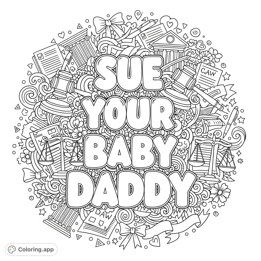 A bold 'Sue Your Baby Daddy' text surrounded by intricate doodles of legal symbols and feminine accents, creating a detailed and empowering coloring experience.