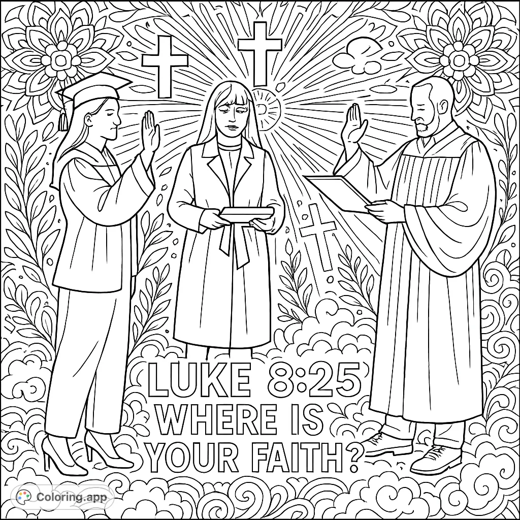 Celebrate a significant achievement with this empowering graduation swearing-in coloring page. Features a graduate, judge, and intricate spiritual background for mindful coloring.