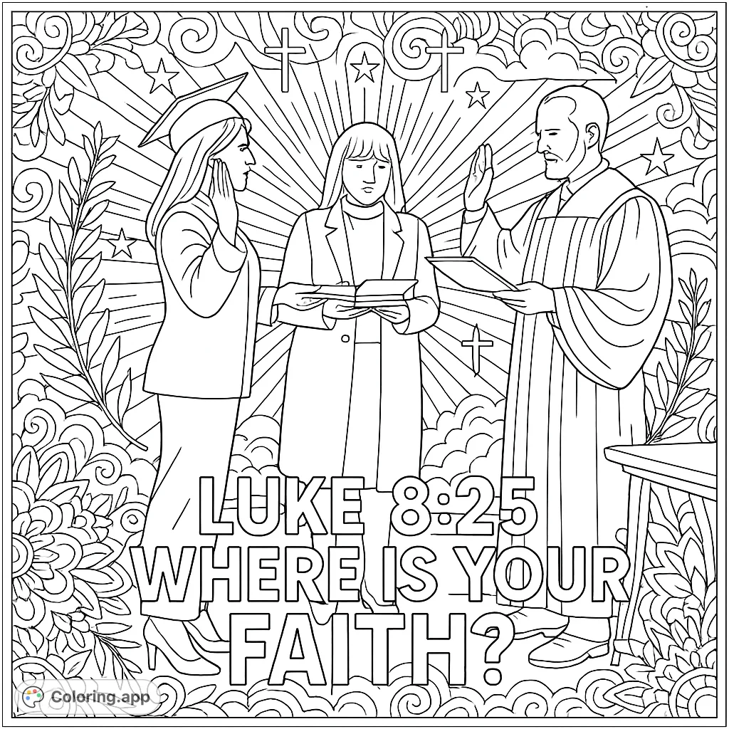 Celebrate a significant achievement with this empowering graduation swearing-in coloring page. Features a graduate, judge, and intricate spiritual background for mindful coloring.