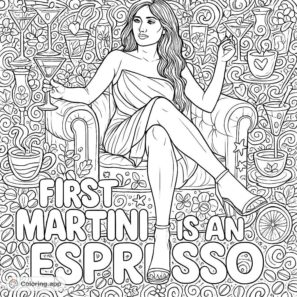 A glamorous woman enjoys a drink in a chic lounge, surrounded by intricate cocktail and coffee-themed doodles. Perfect for detailed adult coloring.