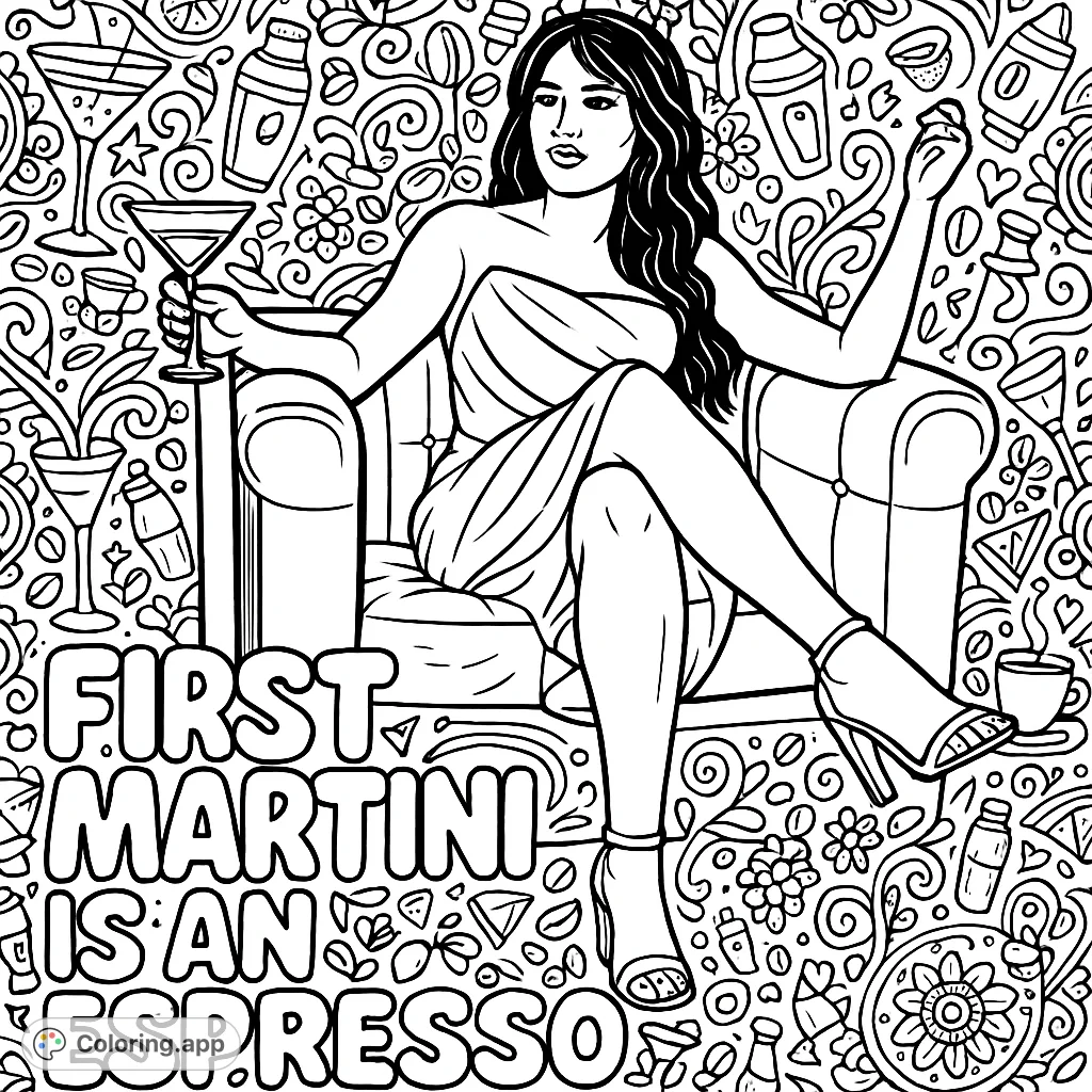 An intricate coloring page featuring a stylish woman enjoying a beverage, surrounded by a playful, dense pattern of martini glasses, coffee beans, and whimsical elements.