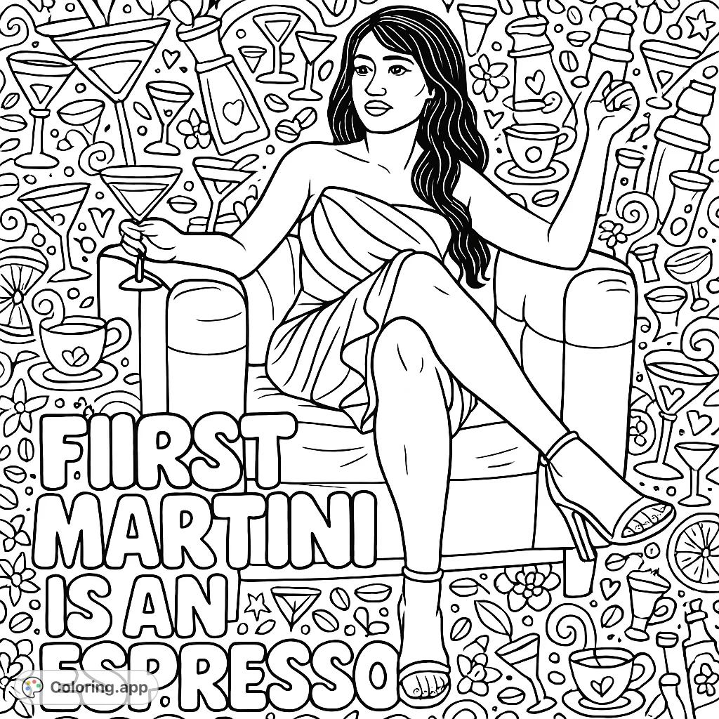 An intricate coloring page featuring a stylish woman enjoying a beverage, surrounded by a playful, dense pattern of martini glasses, coffee beans, and whimsical elements.