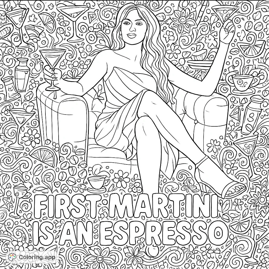 A glamorous woman raises an espresso martini in a toast, surrounded by intricate cocktail and coffee doodles. A sophisticated and detailed adult coloring page.