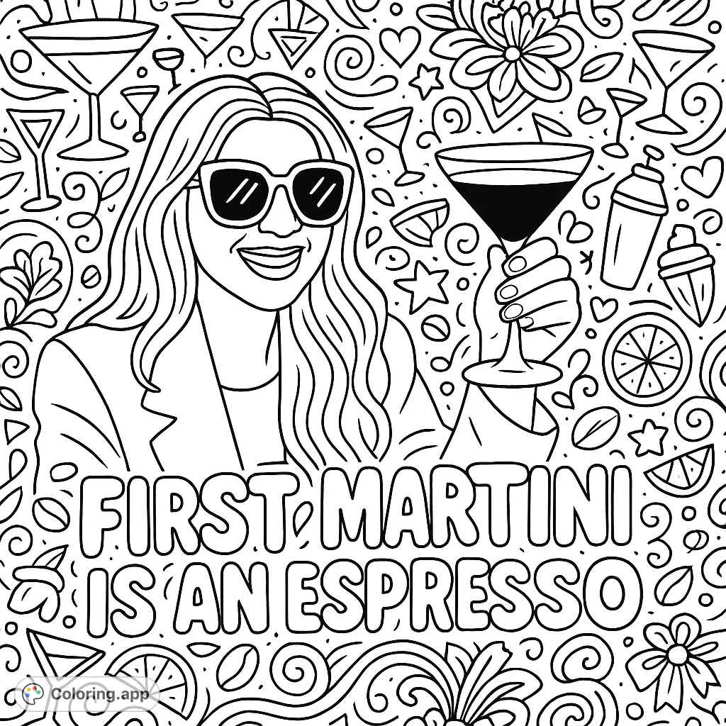 Celebrate with this adult coloring page featuring a smiling woman toasting with an espresso martini, surrounded by intricate cocktail and coffee doodles.