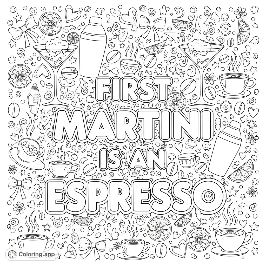 A fun, detailed coloring page featuring the phrase 'First Martini is an Espresso' surrounded by playful doodles of martini glasses, coffee, stars, and intricate patterns.