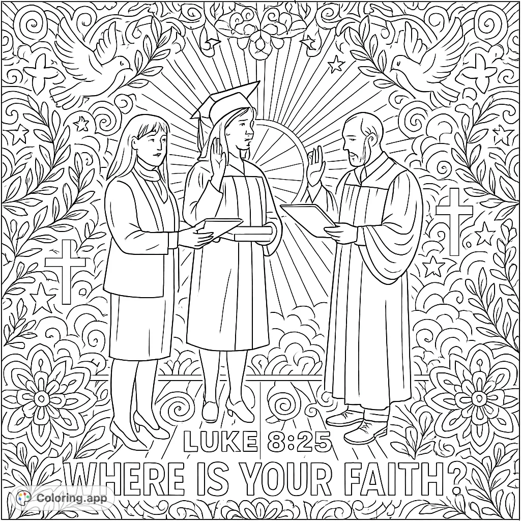 An empowering coloring page depicting a formal oath-taking ceremony, surrounded by intricate spiritual patterns and an inspiring scripture.