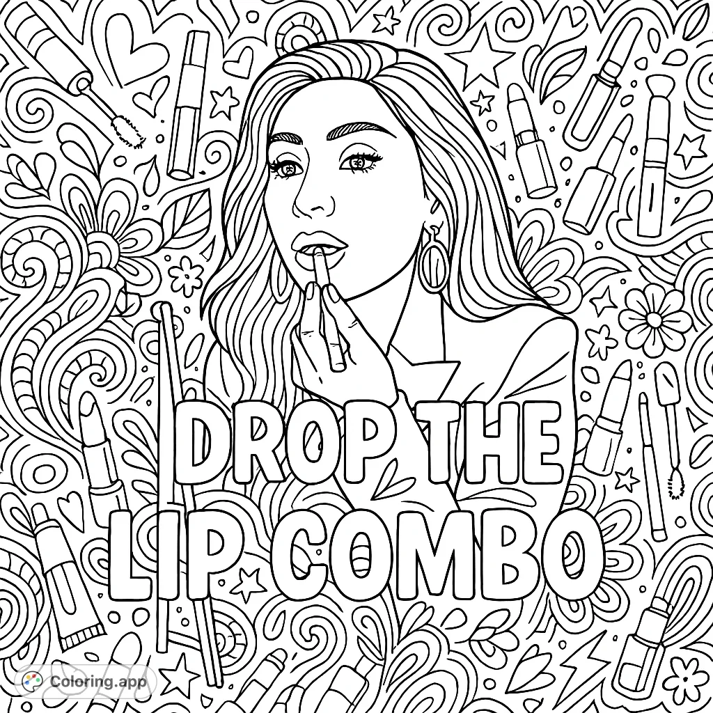 A stylish woman applies lip makeup amidst a dense, playful doodle background of beauty items, hearts, and stars, with an empowering message.
