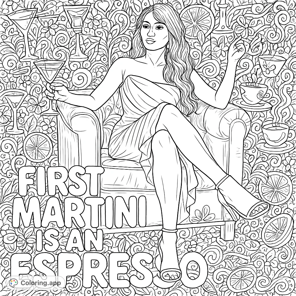 A glamorous woman in an armchair with a drink, surrounded by intricate martini and coffee-themed doodles and the phrase "Firs...