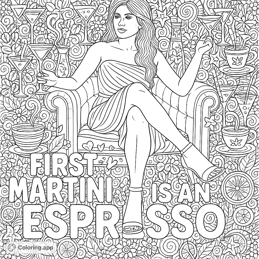 A glamorous woman sips a martini amidst a dense, whimsical background of cocktails, coffee, and playful doodles, with a fun phrase for coloring.