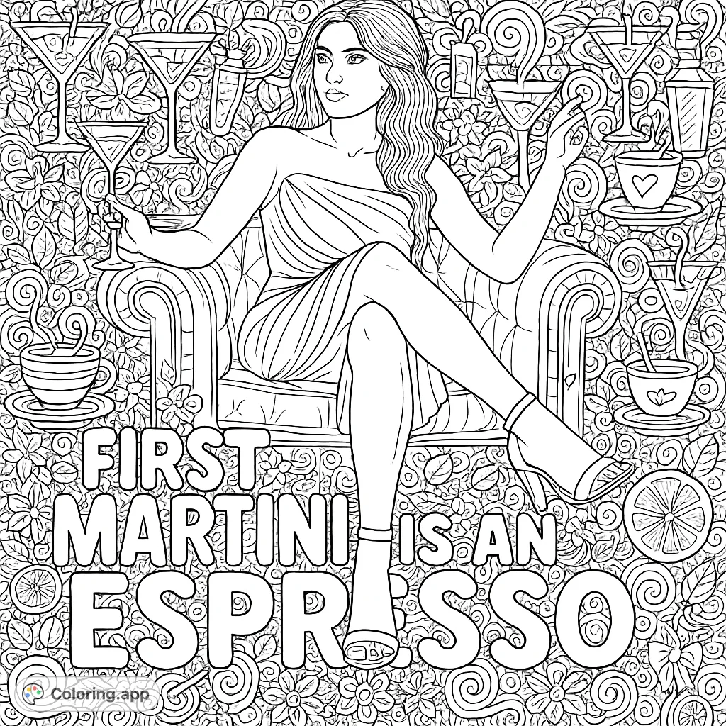 A glamorous woman sips a martini amidst a dense, whimsical background of cocktail and coffee elements, with a playful phrase for an engaging adult coloring experience.