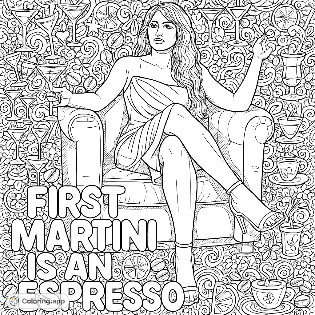 A glamorous woman in an armchair with a drink, surrounded by intricate martini and coffee-themed doodles and the phrase "Firs...