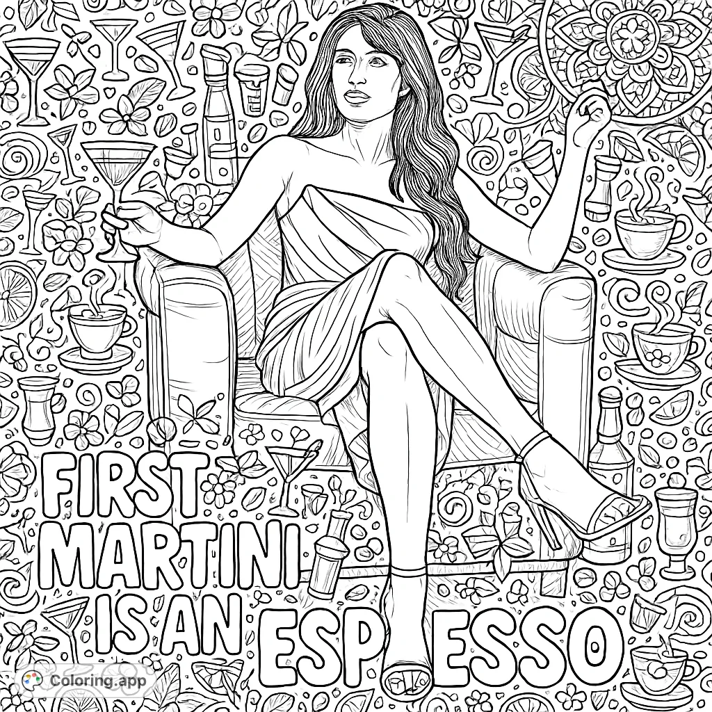 A glamorous woman enjoys a drink in a chic armchair, surrounded by intricate cocktail and coffee doodles. Perfect for a sophisticated, detailed coloring experience.