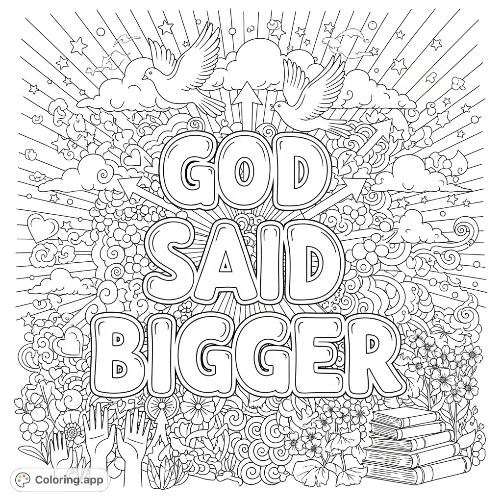 An intricate faith-inspired coloring page featuring the uplifting phrase "God Said Bigger" surrounded by a dense, spiritual doodle background of stars, doves, and mandalas.