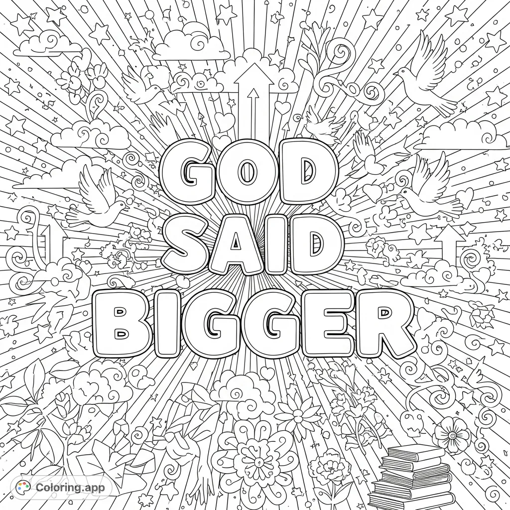 An intricate faith-inspired coloring page featuring the uplifting phrase "God Said Bigger" surrounded by a dense, spiritual doodle background of stars, doves, and mandalas.