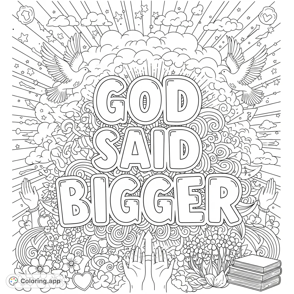 An intricate faith-inspired coloring page featuring the uplifting phrase "God Said Bigger" surrounded by a dense, spiritual doodle background of stars, doves, and mandalas.