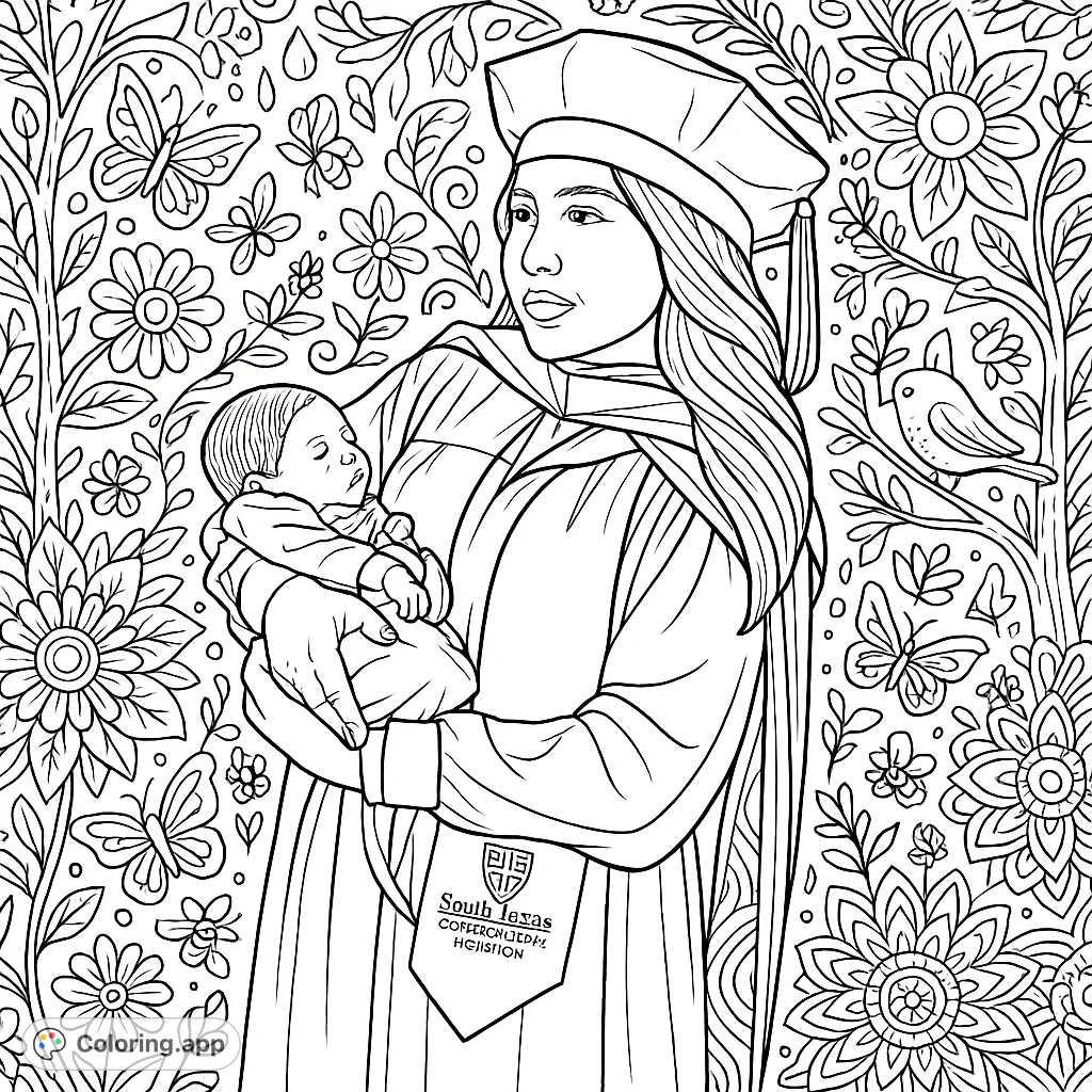 Celebrate academic achievement and new beginnings with this intricate coloring page featuring a graduate holding her baby, surrounded by whimsical doodles.