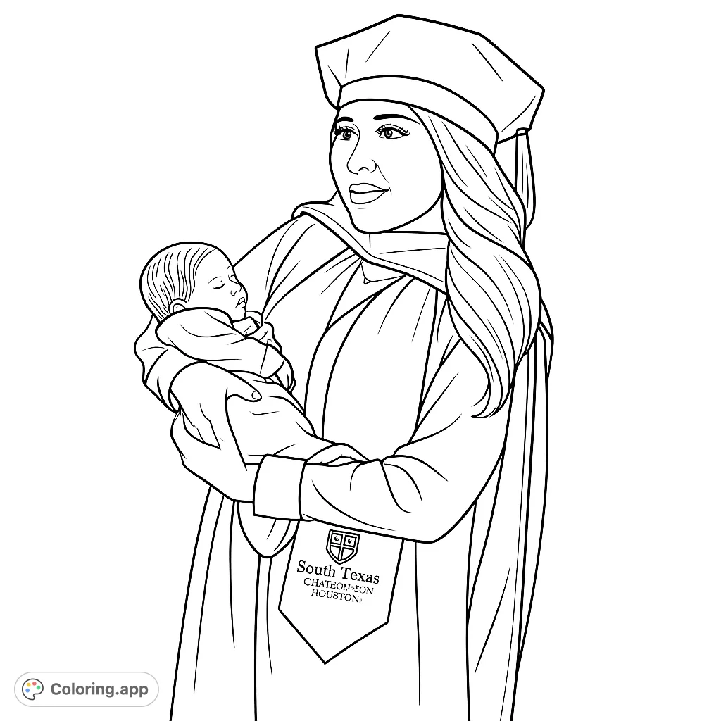 A proud graduate in cap and gown cradling a newborn baby, symbolizing new beginnings and academic success. A heartwarming scene for coloring.