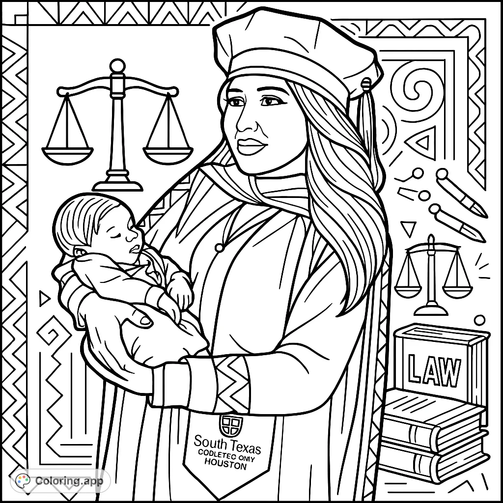 Celebrate a momentous achievement with this graduation coloring page featuring a proud graduate holding a baby, surrounded by symbols of justice and learning.