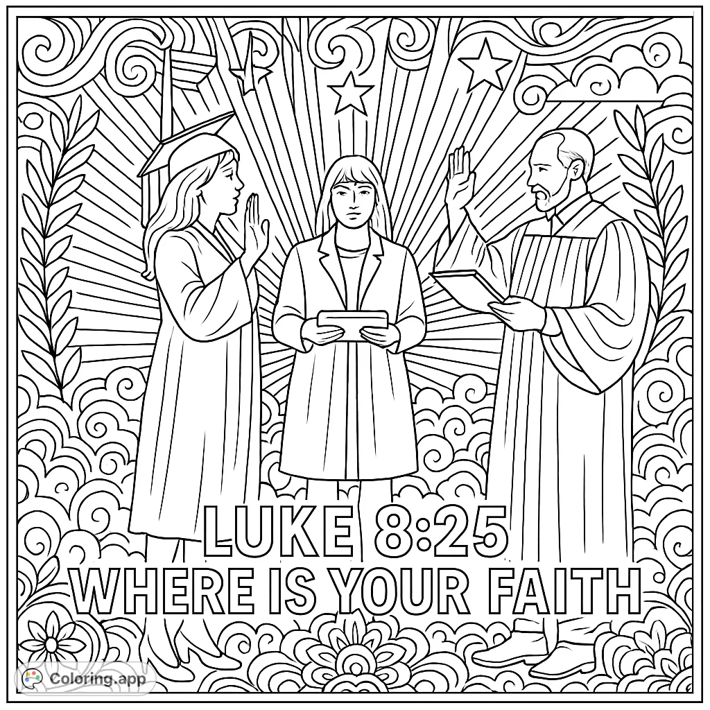 An empowering coloring page depicting an oath-taking ceremony with a graduate, judicial figure, and book holder, surrounded by intricate mandala and inspirational text.
