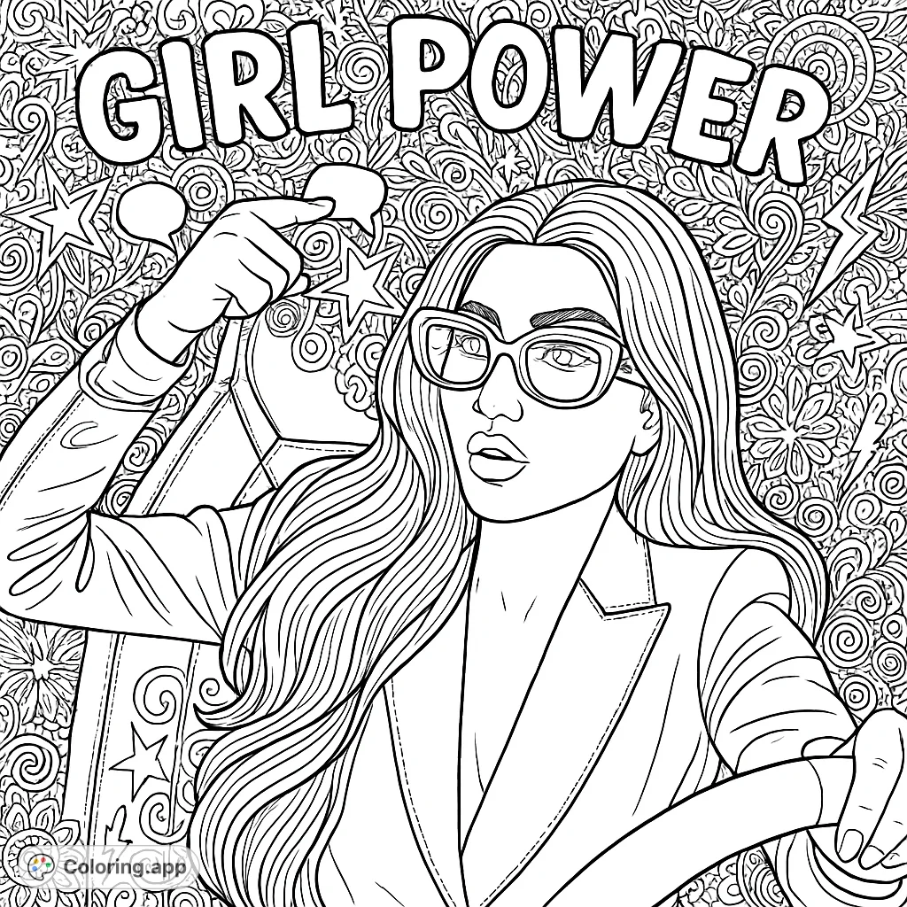 An intricate driving diva coloring page featuring a stylish woman in a car, surrounded by dense doodle patterns and bold bubble letters. Perfect for adults!
