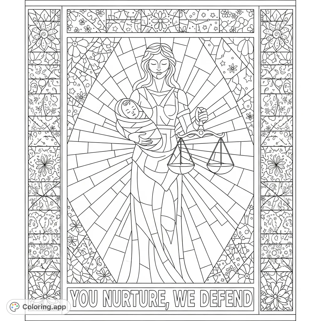 An intricate Lady Justice coloring page featuring a mosaic-like figure holding a baby and scales, framed by a detailed border with geometric and floral patterns. Includes the phrase 'You Nurture, We Defend'.
