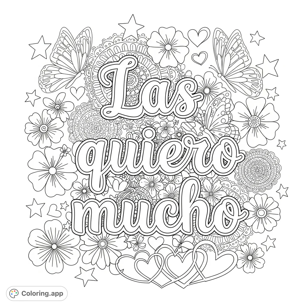 A beautiful "Las quiero mucho" coloring page featuring elegant script surrounded by delicate flowers, butterflies, lacey mandalas, stars, and hearts for a loving, detailed design.